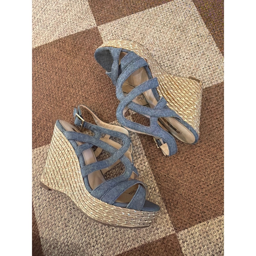Jennifer Lopez Skylar Chambray Blue Denim Strappy Espadrille Wedges Size 6